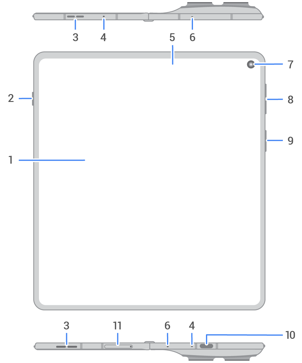 front view of unfolded phone with main features called out